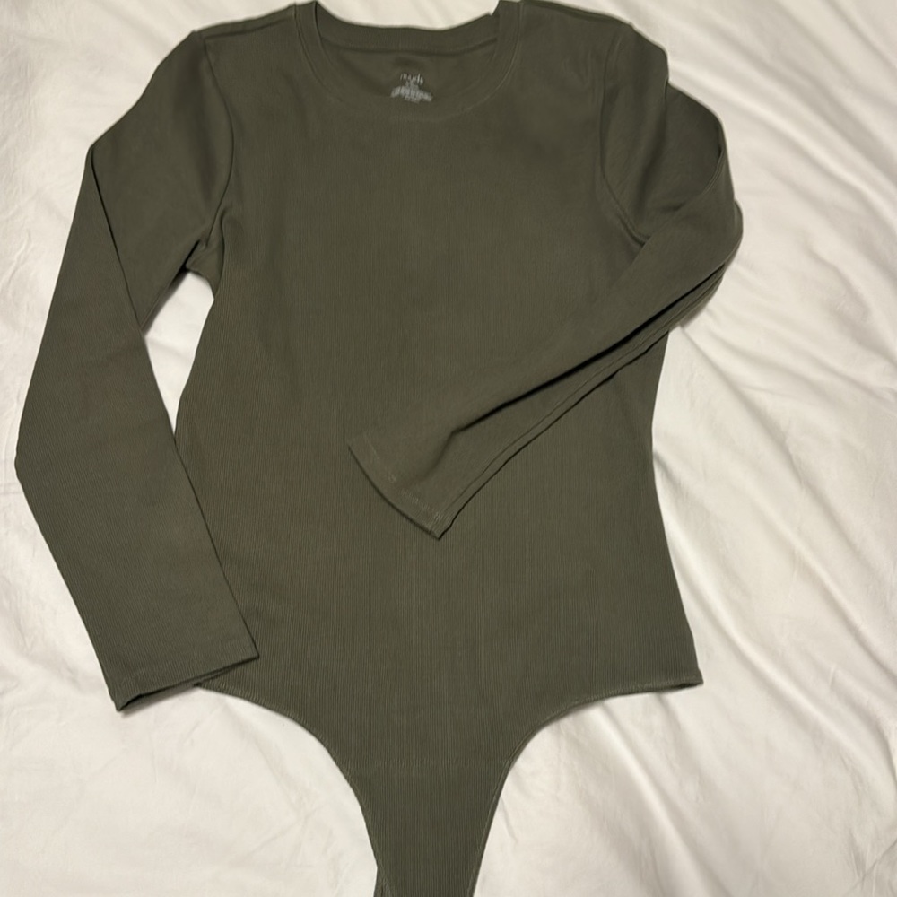 Nuuds Ribbed Long Sleeve Crewneck Bodysuit -Olive/Green -Size XL